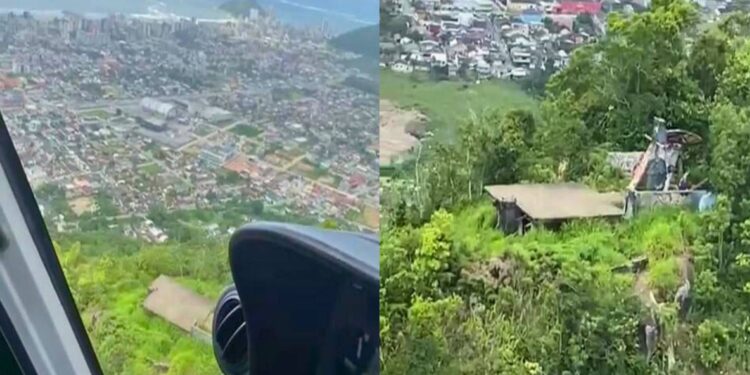 Homem sofre mal súbito durante caminhada no Morro do Teleférico em Matinhos e é resgatado pelo helicóptero Falcão 08
