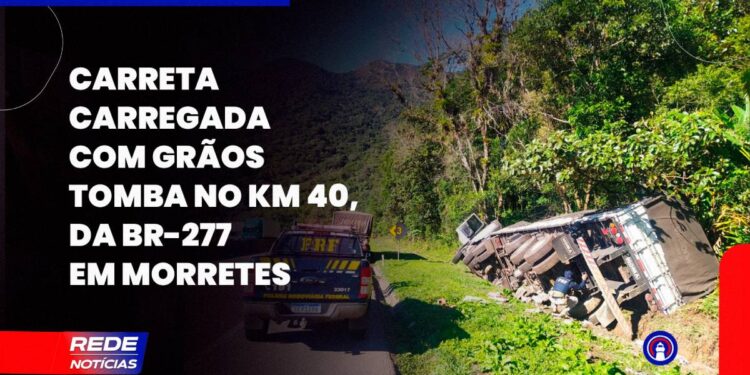 [VÍDEO] Caminhão com problemas mecânicos tomba na BR-277 em Morretes