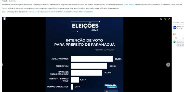 Ilha do Mel FM questiona Grupo Band Paraná sobre Pesquisa Eleitoral de candidatos a prefeito de Paranaguá