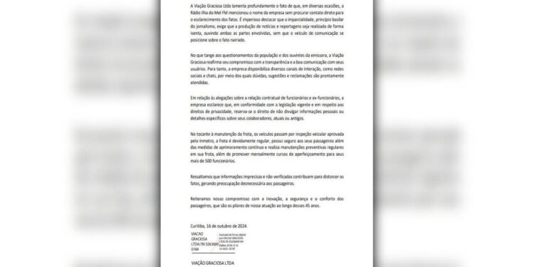 Viação Graciosa envia nota oficial à Ilha do Mel FM