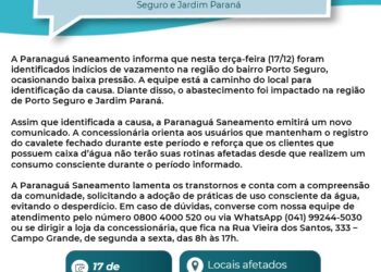 Vazamento no Porto Seguro e Jardim Paraná afeta abastecimento de água nesta terça-feira (17)