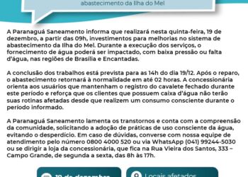 Interrupção temporária no abastecimento de água na Ilha do Mel nesta próxima quinta-feira