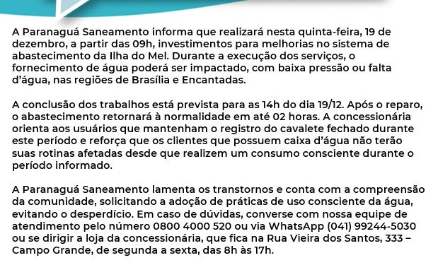 Interrupção temporária no abastecimento de água na Ilha do Mel nesta próxima quinta-feira