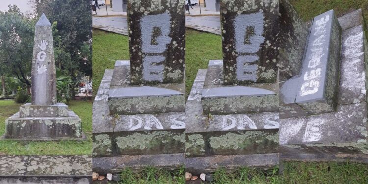 Obelisco de Júlia da Costa é alvo de vandalismo em Paranaguá; Muralha Digital flagrou a ação
