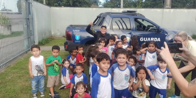 Professores capturam cobra que apareceu no parque de CMEI no bairro Emboguaçu