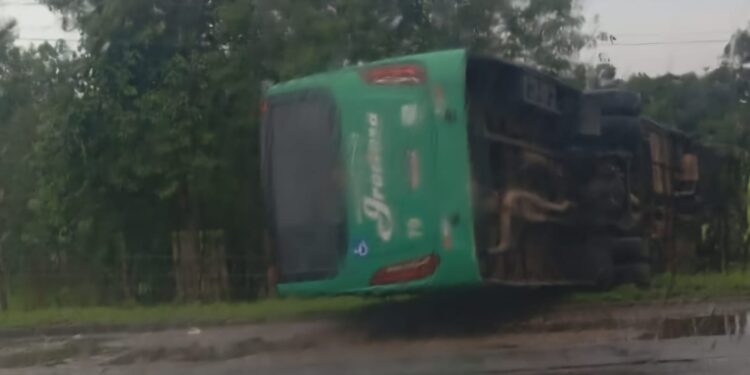 Ônibus da Viação Graciosa tomba na BR-277 em Alexandra; motorista foi fechado por uma carreta