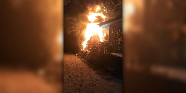 Brigada voluntária e guardas civis atuam em incêndio na Ilha do Mel; fogo destruiu um quiosque