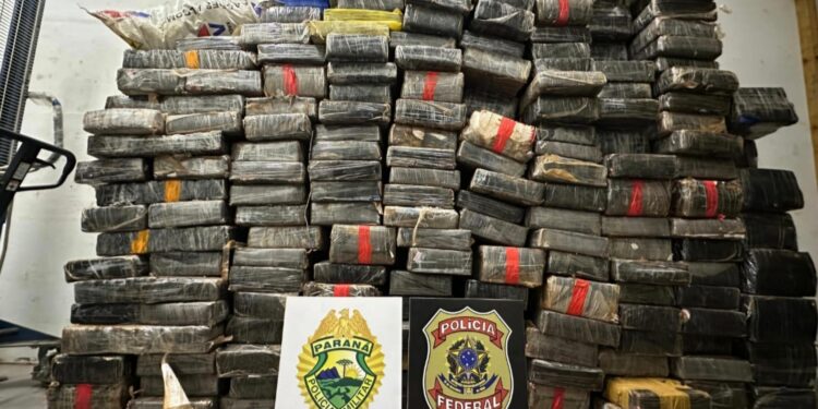 A droga estava escondida entre os grãos de soja que estavam sendo transportados na carreta