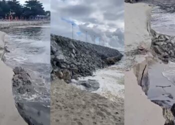 Maré alta provoca erosão em faixa de areia e deslocamento de pedras no molhe de Pontal do Paraná