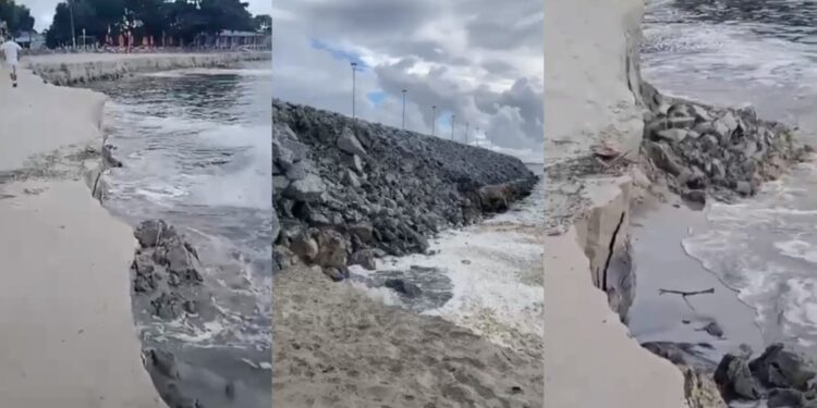 Maré alta provoca erosão em faixa de areia e deslocamento de pedras no molhe de Pontal do Paraná